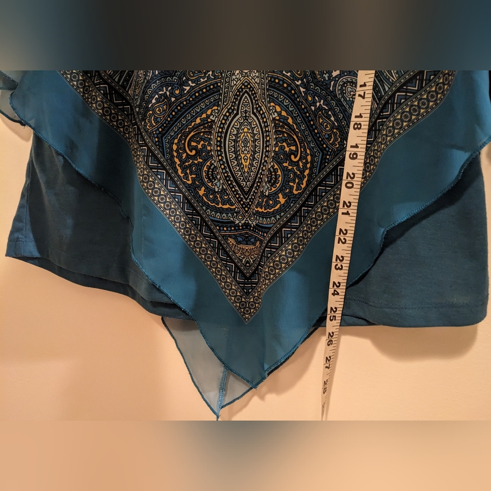 B.L.E.U. Teal Chiffon Scarf Handkerchief Overlay Paisley Print Tank Top sz L - Picture 9 of 11